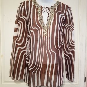 Trina Turk sheer LS bead Embellished Tunic sz S